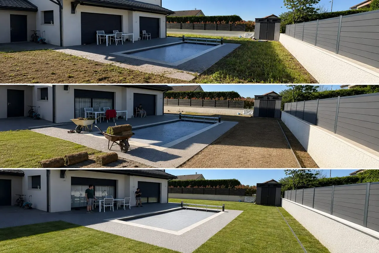 Pose de gazon autour d’une piscine en trois étapes : terrain préparé, rouleaux en cours de pose, pelouse terminée