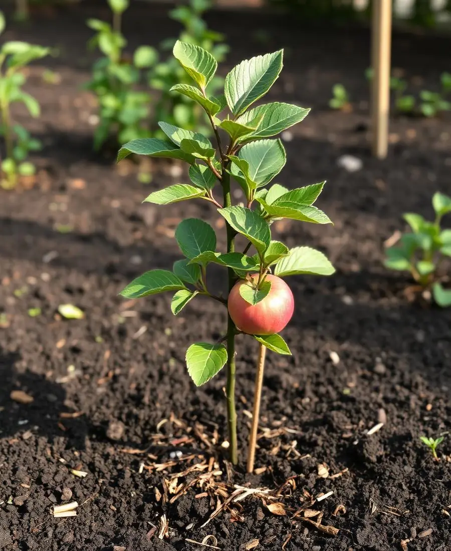 Jeune arbre fruitier planté et tuteuré dans une terre paillée