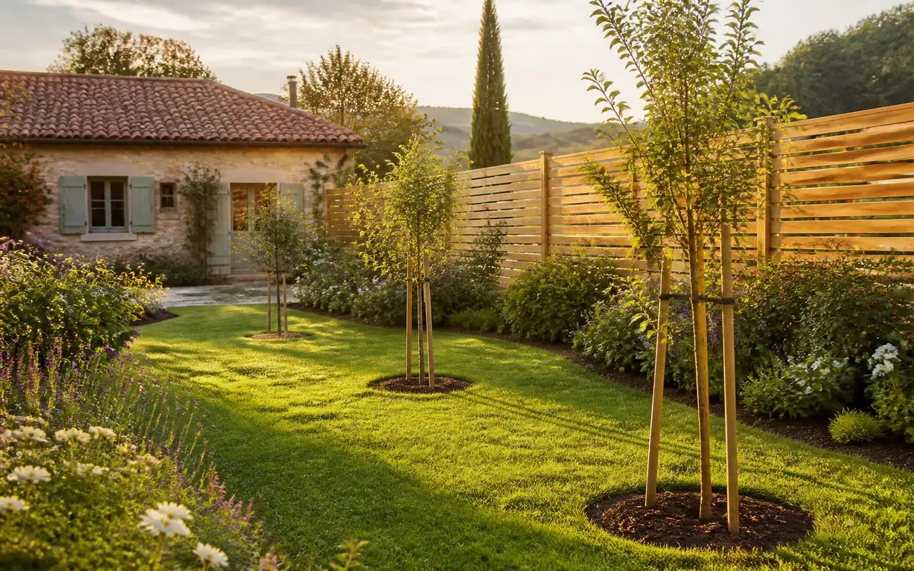 Jardin au soleil couchant : pelouse, massifs fleuris, jeunes arbres tuteurés et brise-vue en lames de bois devant une maison en pierre